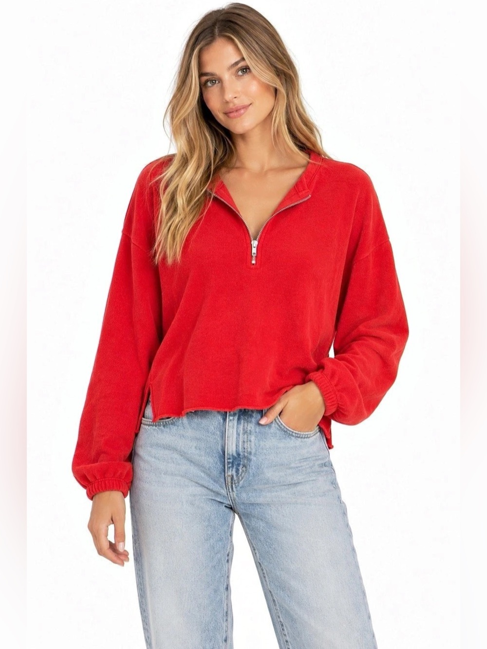 Chaser Red Raw Hem Half Zip Sweatshirt Pullover Size M